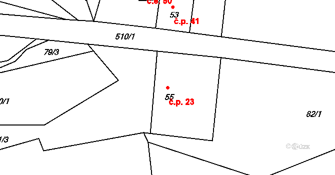 Pivonín 23, Zábřeh na parcele st. 55 v KÚ Pivonín, Katastrální mapa