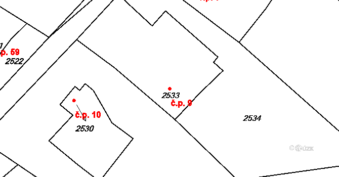 Vodná 9, Kamenice nad Lipou na parcele st. 2533 v KÚ Kamenice nad Lipou, Katastrální mapa