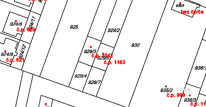 Modřice 1163 na parcele st. 929/5 v KÚ Modřice, Katastrální mapa