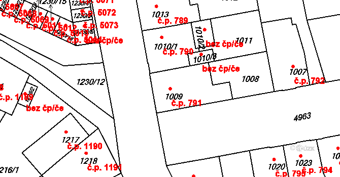 Louny 791 na parcele st. 1009 v KÚ Louny, Katastrální mapa
