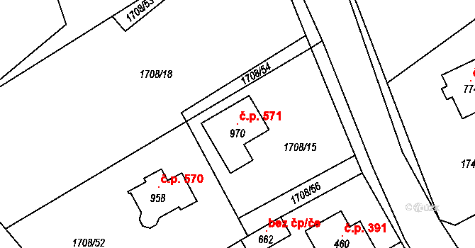Libouchec 571 na parcele st. 970 v KÚ Libouchec, Katastrální mapa