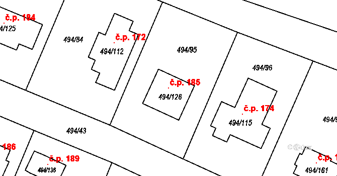 Černotín 185 na parcele st. 494/128 v KÚ Černotín, Katastrální mapa