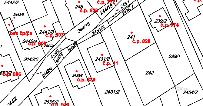 Koryčany 11 na parcele st. 2431/8 v KÚ Koryčany, Katastrální mapa