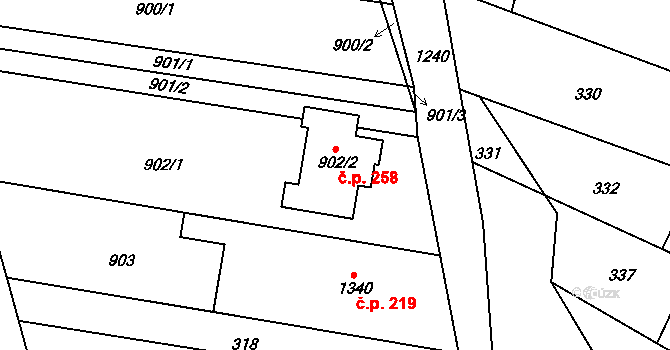 Pivín 258 na parcele st. 902/2 v KÚ Pivín, Katastrální mapa