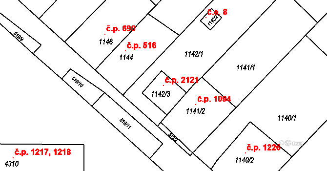 Kuřim 2121 na parcele st. 1142/3 v KÚ Kuřim, Katastrální mapa