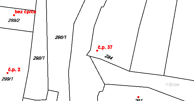 Milotice nad Bečvou 37 na parcele st. 284 v KÚ Milotice nad Bečvou, Katastrální mapa