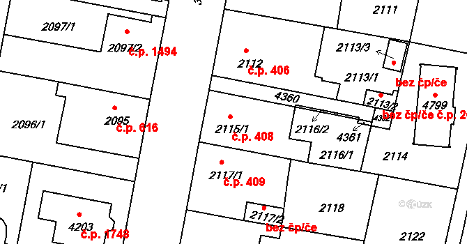 Čelákovice 408 na parcele st. 2115/1 v KÚ Čelákovice, Katastrální mapa