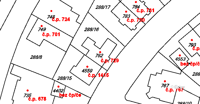 Kyjov 729 na parcele st. 782 v KÚ Kyjov, Katastrální mapa