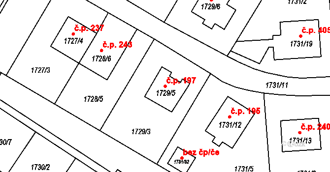 Brňany 197, Vyškov na parcele st. 1729/5 v KÚ Vyškov, Katastrální mapa