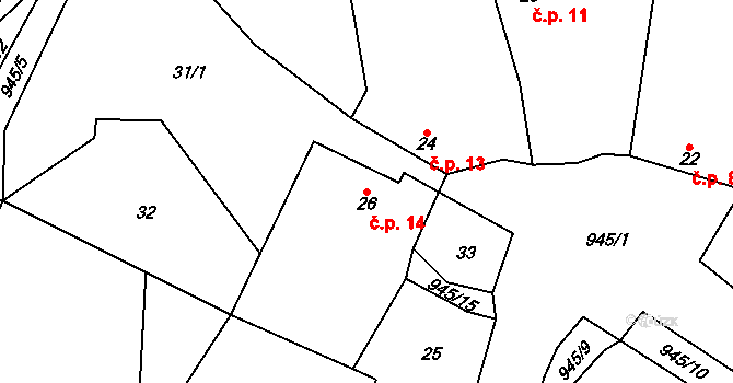 Lhota u Lysic 14 na parcele st. 26 v KÚ Lhota u Lysic, Katastrální mapa