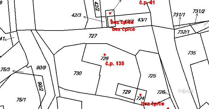 Kvaň 135, Zaječov na parcele st. 728 v KÚ Kvaň, Katastrální mapa