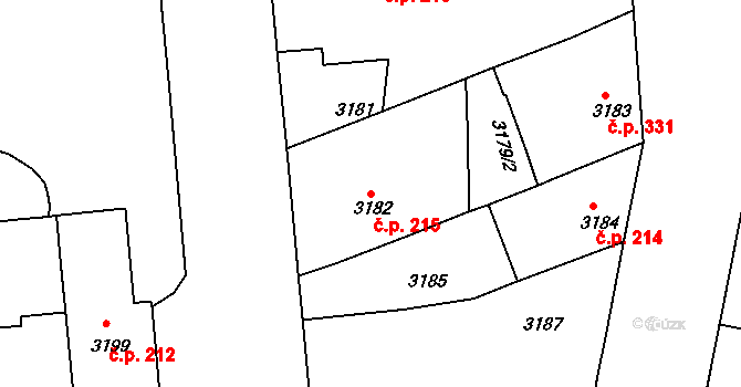 Černá Pole 215, Brno na parcele st. 3182 v KÚ Černá Pole, Katastrální mapa