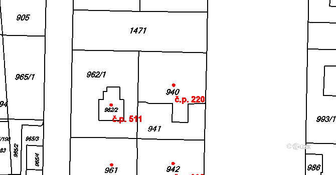 Dolní Chabry 220, Praha 4 na parcele st. 940 v KÚ Dolní Chabry, Katastrální mapa