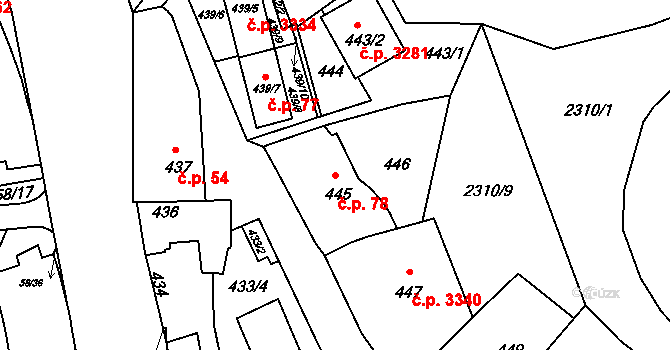Záběhlice 78, Praha na parcele st. 445 v KÚ Záběhlice, Katastrální mapa