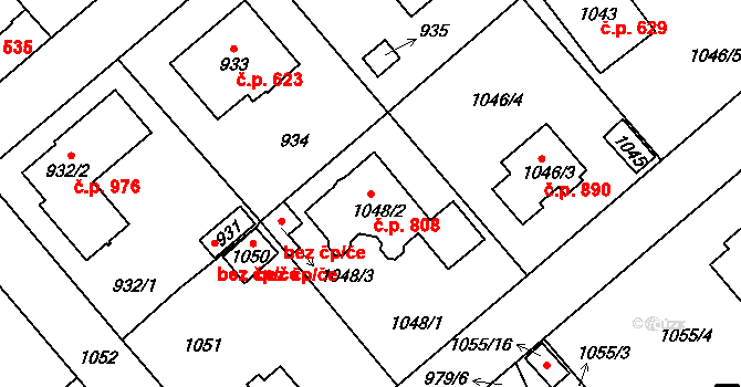 Šeberov 808, Praha na parcele st. 1048/2 v KÚ Šeberov, Katastrální mapa