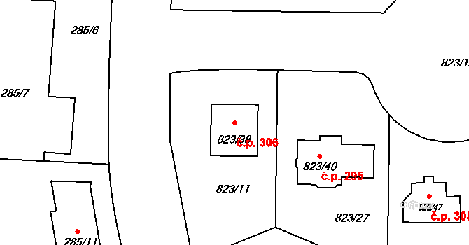 Lípa 306 na parcele st. 823/38 v KÚ Lípa nad Dřevnicí, Katastrální mapa