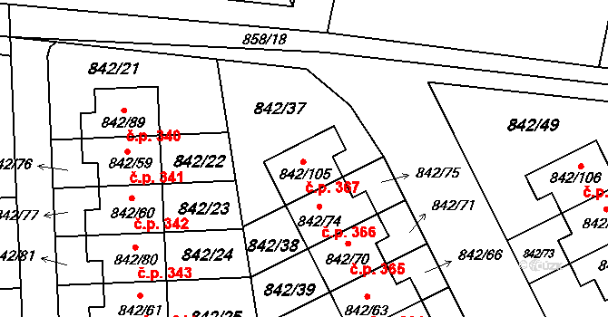 Mochov 367 na parcele st. 842/105 v KÚ Mochov, Katastrální mapa