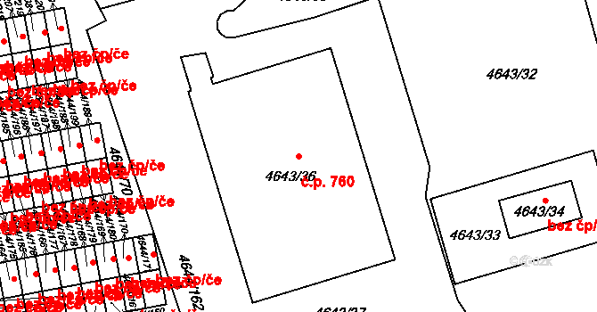 Litomyšlské Předměstí 760, Vysoké Mýto na parcele st. 4643/36 v KÚ Vysoké Mýto, Katastrální mapa