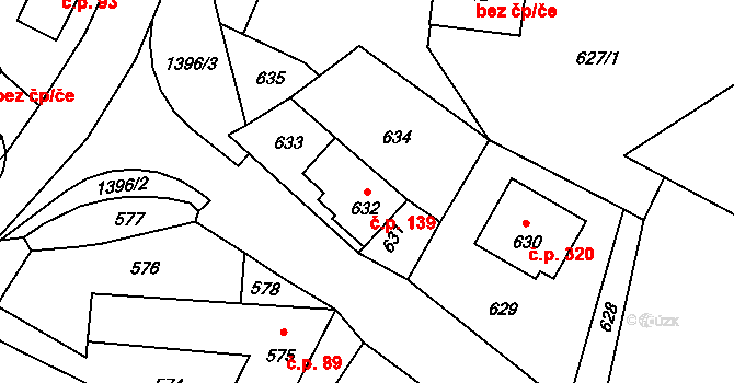 Divišov 139 na parcele st. 632 v KÚ Divišov u Benešova, Katastrální mapa