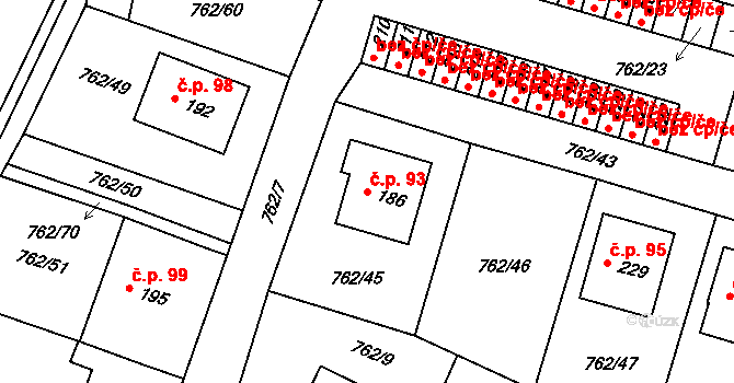 Horní Záhoří 93, Záhoří na parcele st. 186 v KÚ Horní Záhoří u Písku, Katastrální mapa