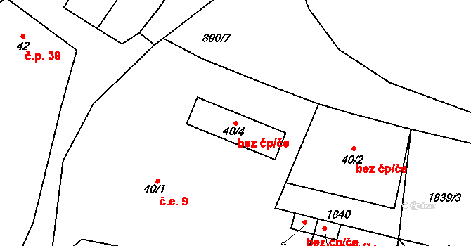 Úštěk 41116402 na parcele st. 40/4 v KÚ Vědlice, Katastrální mapa