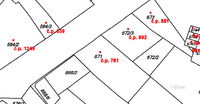 Předměstí 781, Opava na parcele st. 671 v KÚ Opava-Předměstí, Katastrální mapa
