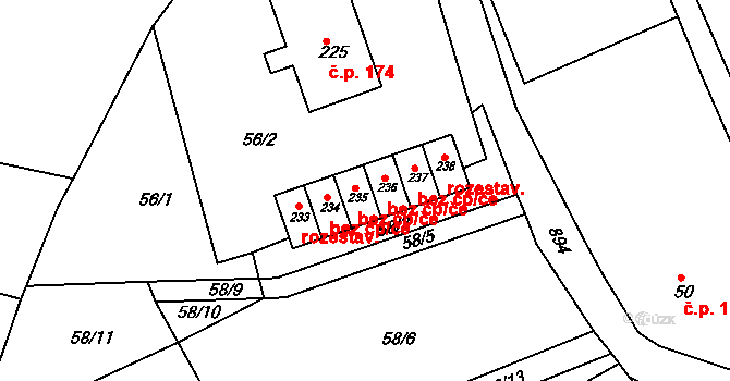 Kopřivnice 44814402 na parcele st. 235 v KÚ Mniší, Katastrální mapa