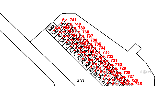 Město 736, Havířov na parcele st. 2038 v KÚ Havířov-město, Katastrální mapa