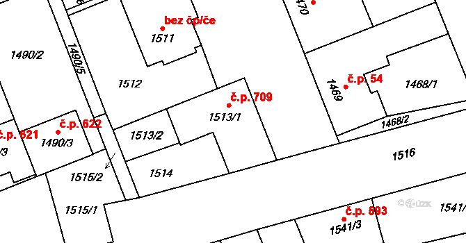 Těšice 709, Mikulčice na parcele st. 1513/1 v KÚ Mikulčice, Katastrální mapa