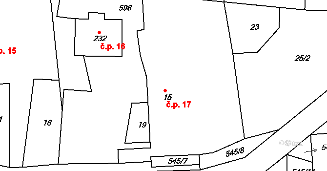 Křižanovice 17 na parcele st. 15 v KÚ Křižanovice, Katastrální mapa