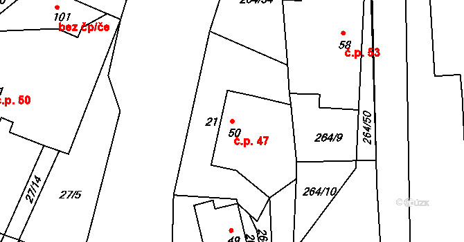 Lozice 47 na parcele st. 50 v KÚ Lozice, Katastrální mapa