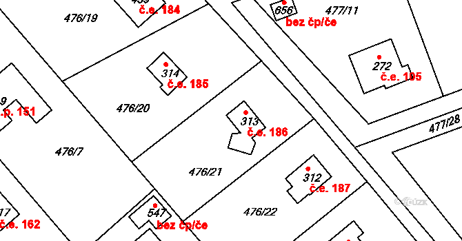 Malé Kyšice 186 na parcele st. 313 v KÚ Malé Kyšice, Katastrální mapa