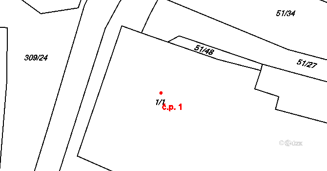 Kozomín 1 na parcele st. 1/1 v KÚ Kozomín, Katastrální mapa