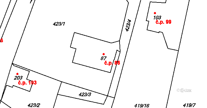 Babí 85, Náchod na parcele st. 87 v KÚ Babí u Náchoda, Katastrální mapa