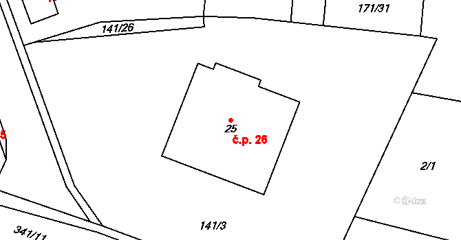 Černá za Bory 26, Pardubice na parcele st. 25 v KÚ Černá za Bory, Katastrální mapa