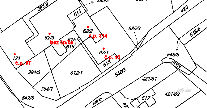 Lubina 16, Kopřivnice na parcele st. 62/1 v KÚ Drnholec nad Lubinou, Katastrální mapa