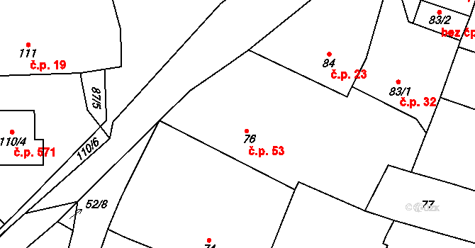 Zruč 53, Zruč-Senec na parcele st. 76 v KÚ Zruč, Katastrální mapa