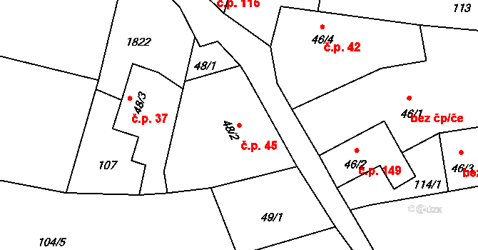 Holedeč 45 na parcele st. 48/2 v KÚ Holedeč, Katastrální mapa