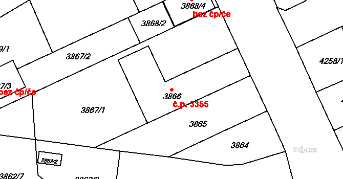 Teplice 3355 na parcele st. 3866 v KÚ Teplice, Katastrální mapa
