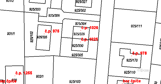 Srubec 1025 na parcele st. 925/330 v KÚ Srubec, Katastrální mapa