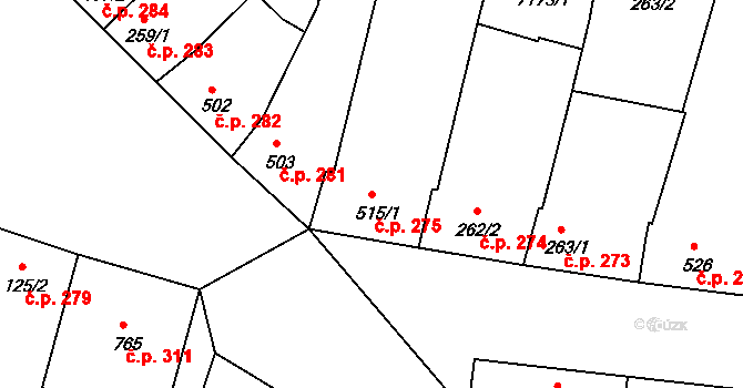 Hrádek 275 na parcele st. 515/1 v KÚ Hrádek u Znojma, Katastrální mapa