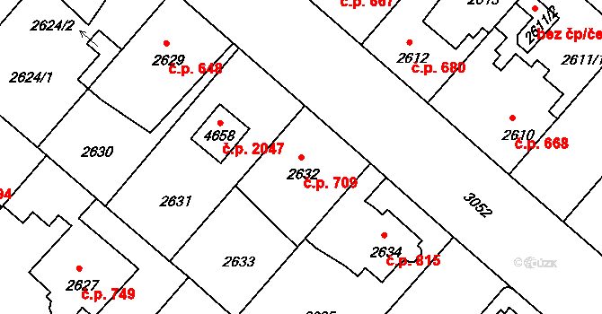 Čelákovice 709 na parcele st. 2632 v KÚ Čelákovice, Katastrální mapa