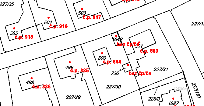 Švermov 884, Kladno na parcele st. 500 v KÚ Hnidousy, Katastrální mapa