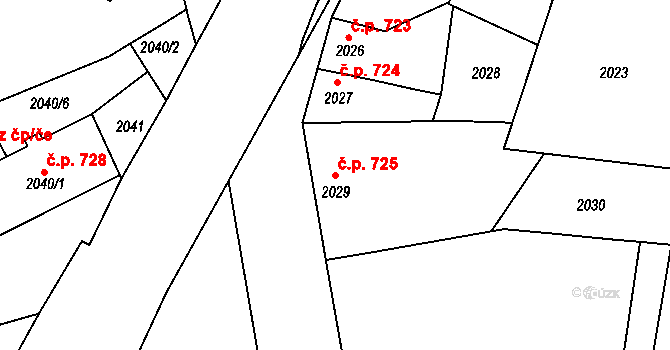 Roudnice nad Labem 725 na parcele st. 2029/1 v KÚ Roudnice nad Labem, Katastrální mapa