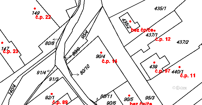 Choryně 14 na parcele st. 90/4 v KÚ Choryně, Katastrální mapa