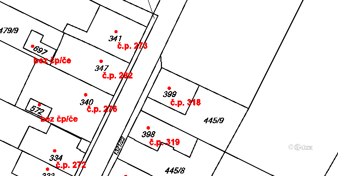 Miletín 318 na parcele st. 399 v KÚ Miletín, Katastrální mapa