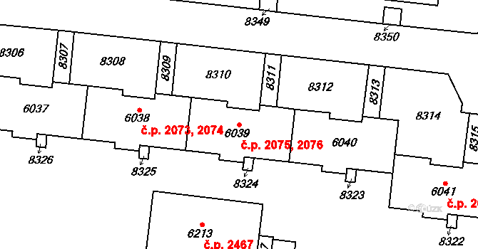 Líšeň 2075,2076, Brno na parcele st. 6039 v KÚ Líšeň, Katastrální mapa