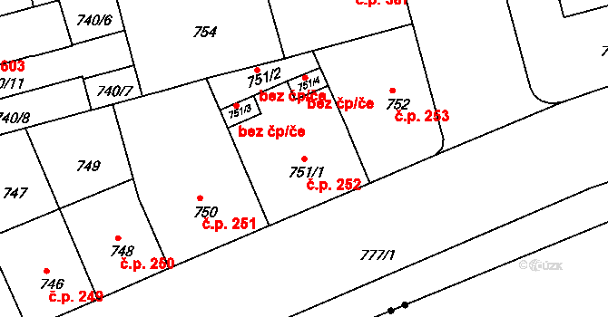 Ponava 252, Brno na parcele st. 751/1 v KÚ Ponava, Katastrální mapa