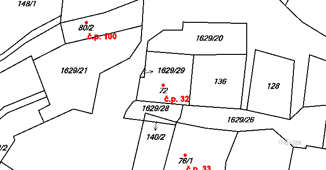 Rešov 32, Horní Město na parcele st. 72 v KÚ Rešov, Katastrální mapa