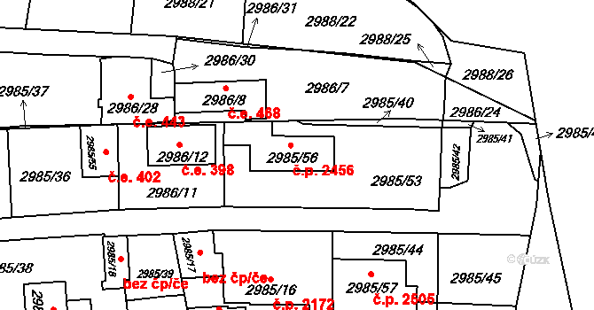 Libeň 2456, Praha na parcele st. 2985/56 v KÚ Libeň, Katastrální mapa